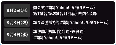 ８月２日（月) 開会式（福岡 Yahoo! JAPANドーム）、１回戦（４試合）、８月３日（火） 準々決勝（４試合：福岡 Yahoo! JAPANドーム）、８月４日（水) 準決勝、決勝、閉会式･表彰式（福岡 Yahoo! JAPANドーム）