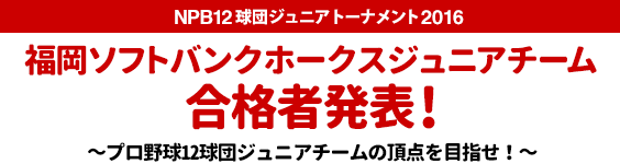 NPB12球団ジュニアトーナメント　2016福岡ソフトバンクホークスジュニアチーム合格者発表！
